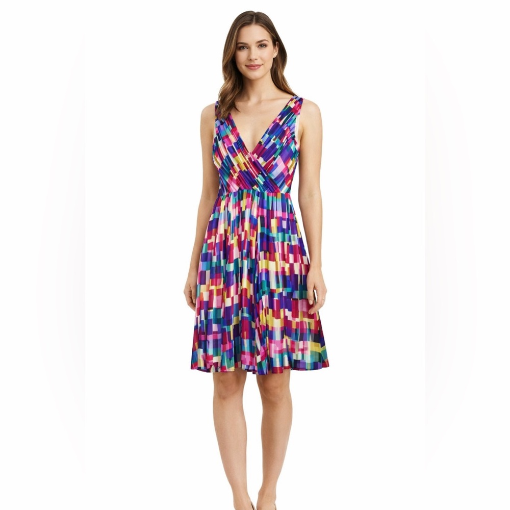 Jones New York Pink and Blue Sleeveless Silk V-neck Sundress